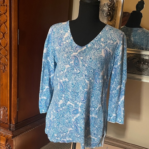 Talbots Blue and White Paisley Sweater Size Medium Petite - Picture 2 of 6